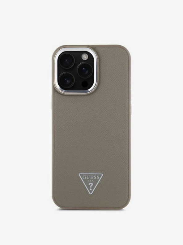 Guess Guess PU zrnité trojuholníkové logo zadný kryt pre iPhone 16 Pro Max hnedý