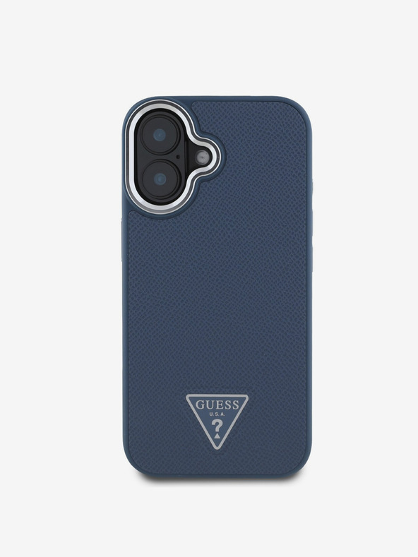 Guess Guess PU zrnitý zadný kryt s trojuholníkovým logom pre iPhone 16 modrý