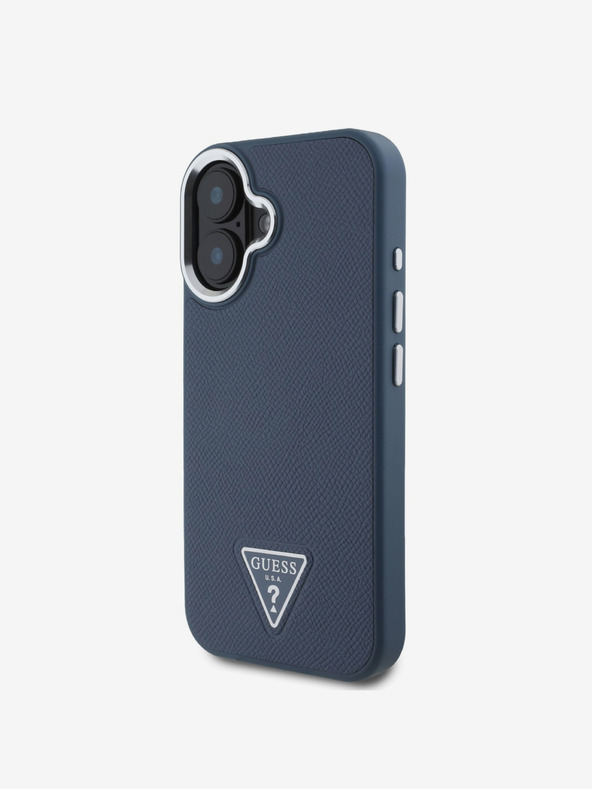 Guess Guess PU zrnitý zadný kryt s trojuholníkovým logom pre iPhone 16 modrý