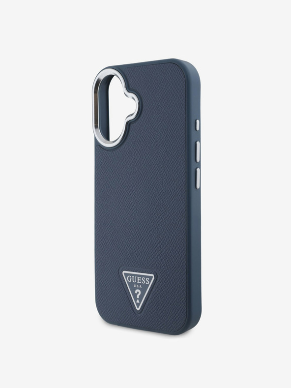 Guess Guess PU zrnitý zadný kryt s trojuholníkovým logom pre iPhone 16 modrý