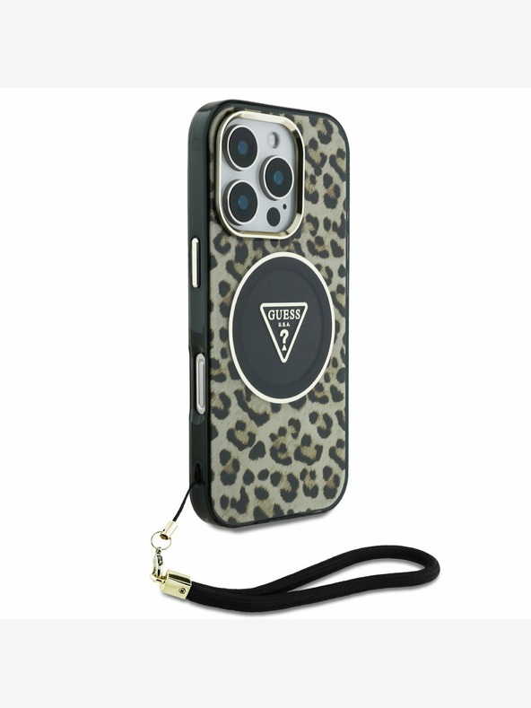 Guess Guess IML Leopard Triangle Logo Strap MagSafe zadný kryt pre iPhone 16 Pro hnedý