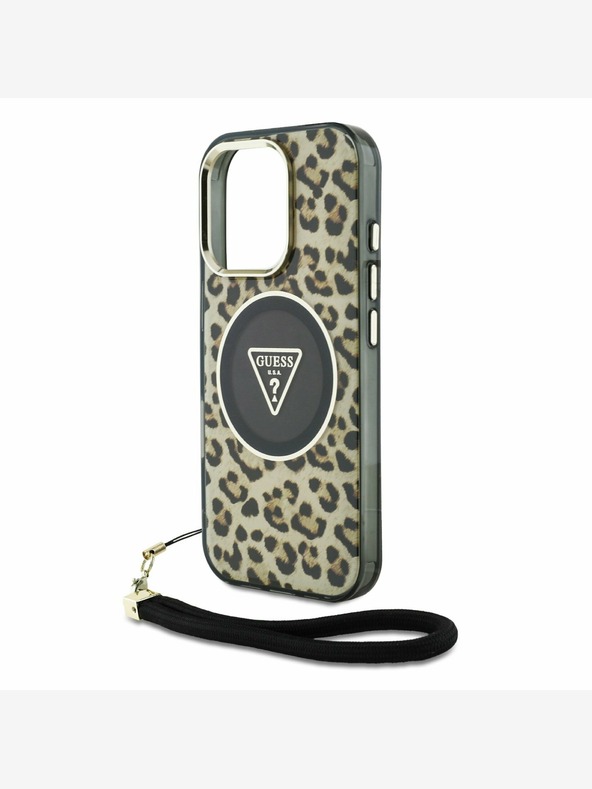 Guess Guess IML Leopard Triangle Logo Strap MagSafe zadný kryt pre iPhone 16 Pro hnedý