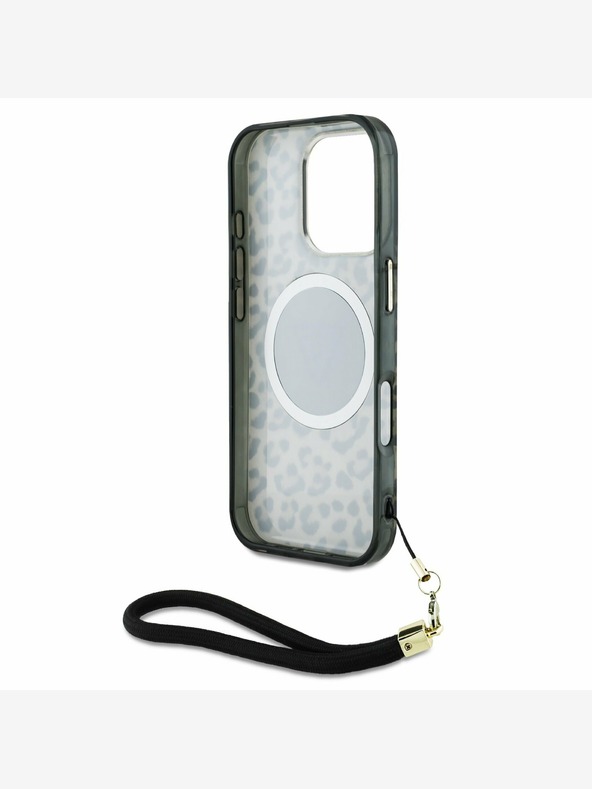 Guess Guess IML Leopard Triangle Logo Strap MagSafe zadný kryt pre iPhone 16 Pro hnedý