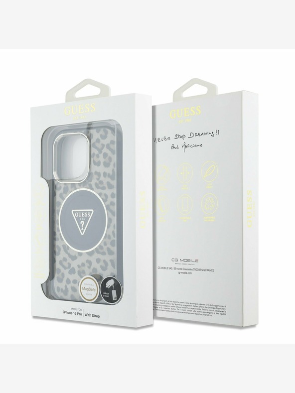 Guess Guess IML Leopard Triangle Logo Strap MagSafe zadný kryt pre iPhone 16 Pro hnedý