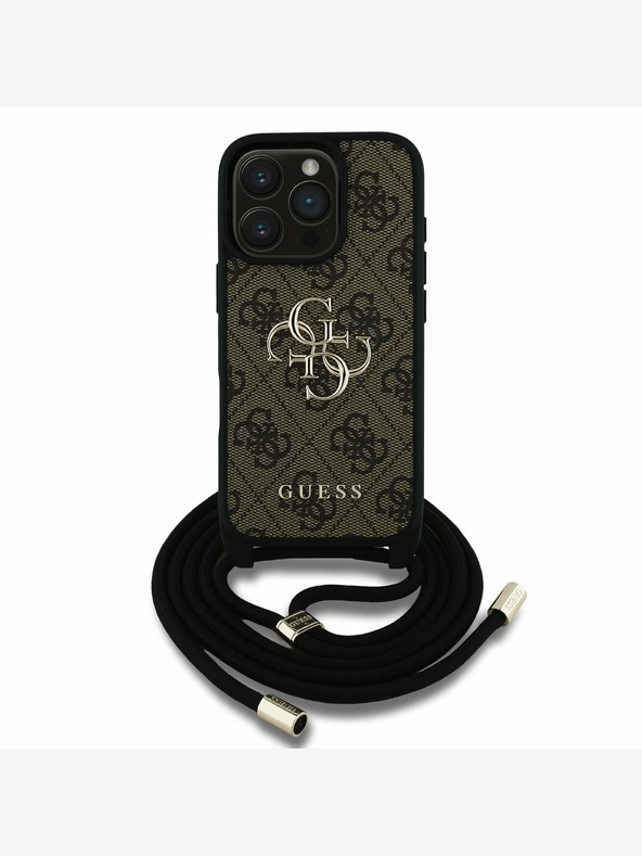 Guess Guess PU PU 4G Kovové logo Crossbody Strap Zadný kryt pre iPhone 16 Pro hnedý