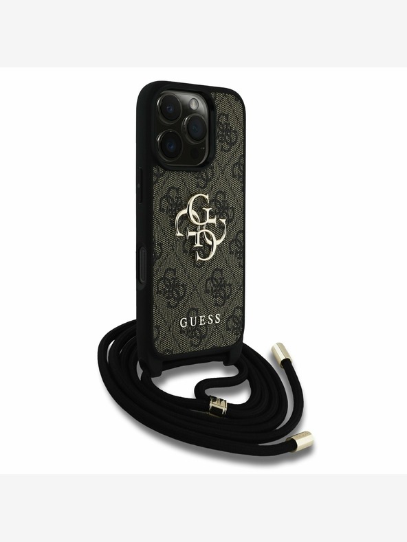 Guess Guess PU PU 4G Kovové logo Crossbody Strap Zadný kryt pre iPhone 16 Pro hnedý