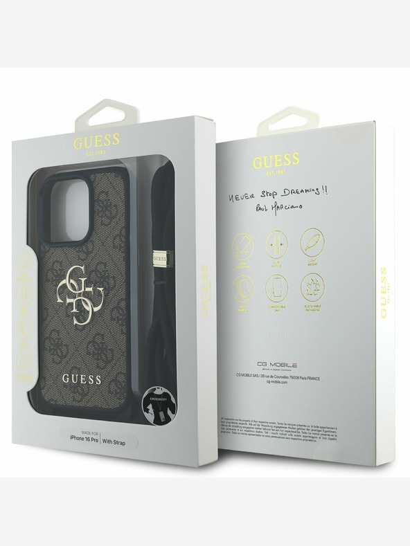 Guess Guess PU PU 4G Kovové logo Crossbody Strap Zadný kryt pre iPhone 16 Pro hnedý
