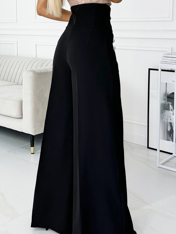 numoco Čierne dámske elegantné nohavice so širokým pásom a zlatými gombíkmi Numoco