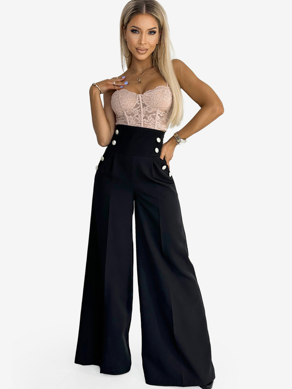 numoco Čierne dámske elegantné nohavice so širokým pásom a zlatými gombíkmi Numoco