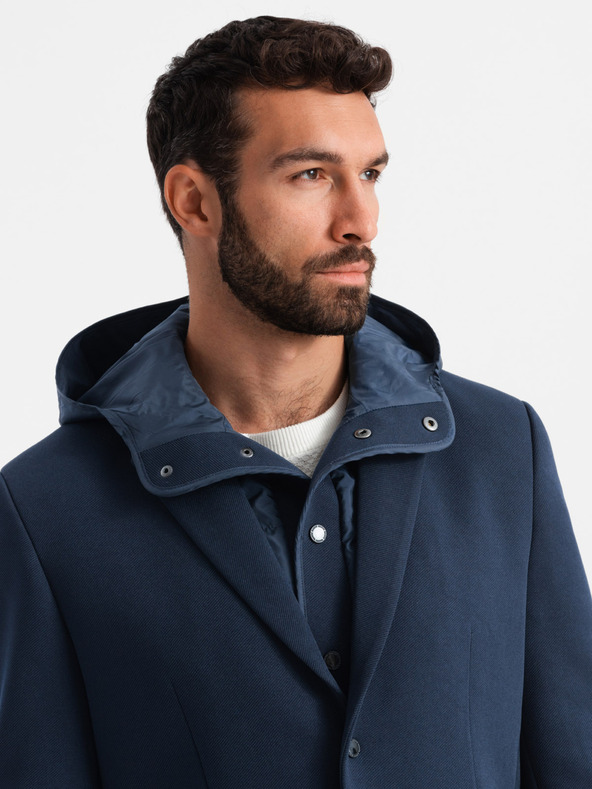 Ombre Clothing Pánska bunda s kapucňou a vysokým golierom tmavomodrá Ombre Clothing