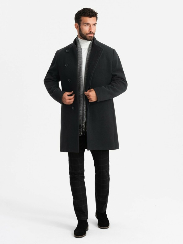 Ombre Clothing Pánsky kabát s vysokým golierom a asymetrickým zapínaním čierny Ombre Oblečenie