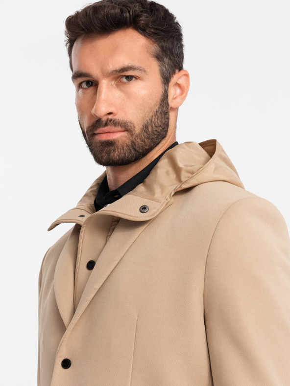 Ombre Clothing Pánska bunda s vysokým golierom a kapucňou svetlohnedá Ombre Oblečenie