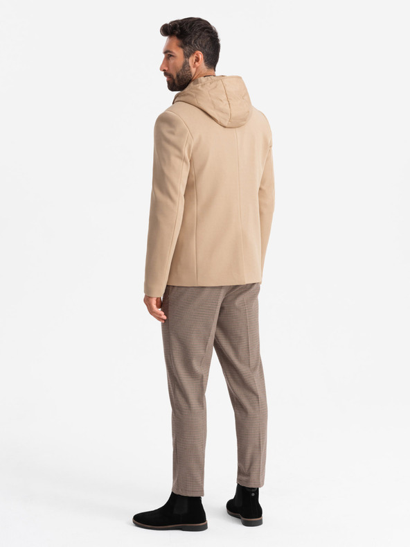 Ombre Clothing Pánska bunda s vysokým golierom a kapucňou svetlohnedá Ombre Oblečenie