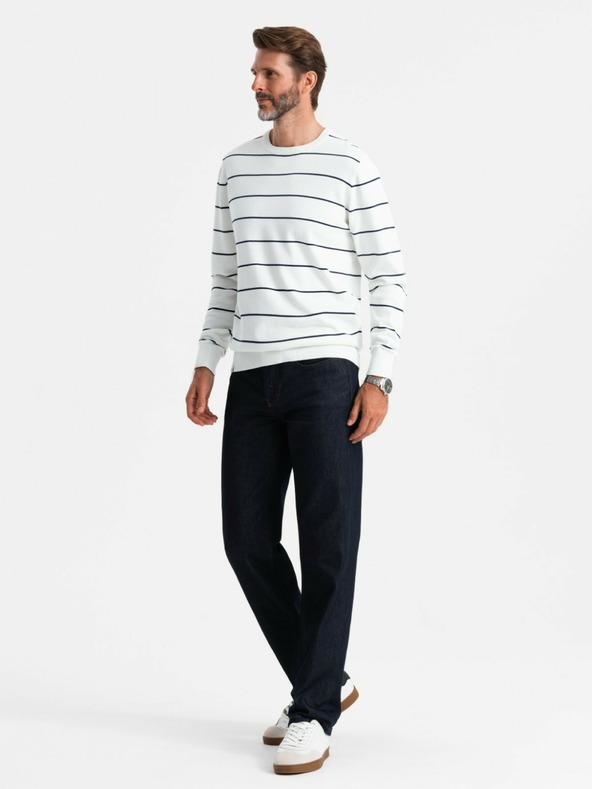 Ombre Clothing Pánsky ležérny sveter s horizontálnymi pruhmi krémový Ombre Oblečenie