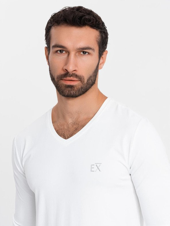 Ombre Clothing Pánske tričko SLIM FIT s dlhým rukávom a výstrihom do V s elastanom a potlačou biele Ombre Clothing