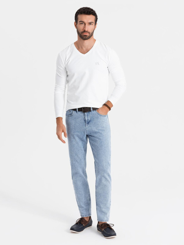 Ombre Clothing Pánske tričko SLIM FIT s dlhým rukávom a výstrihom do V s elastanom a potlačou biele Ombre Clothing