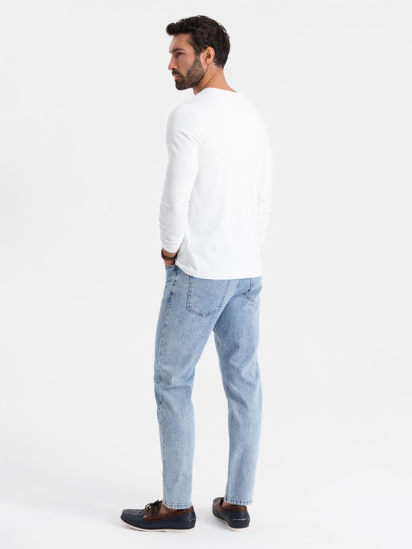 Ombre Clothing Pánske tričko SLIM FIT s dlhým rukávom a výstrihom do V s elastanom a potlačou biele Ombre Clothing