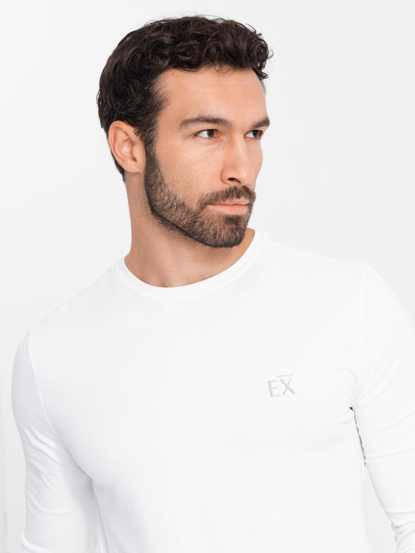 Ombre Clothing Pánske tričko SLIM FIT s dlhým rukávom, elastanom a potlačou biele Ombre Oblečenie