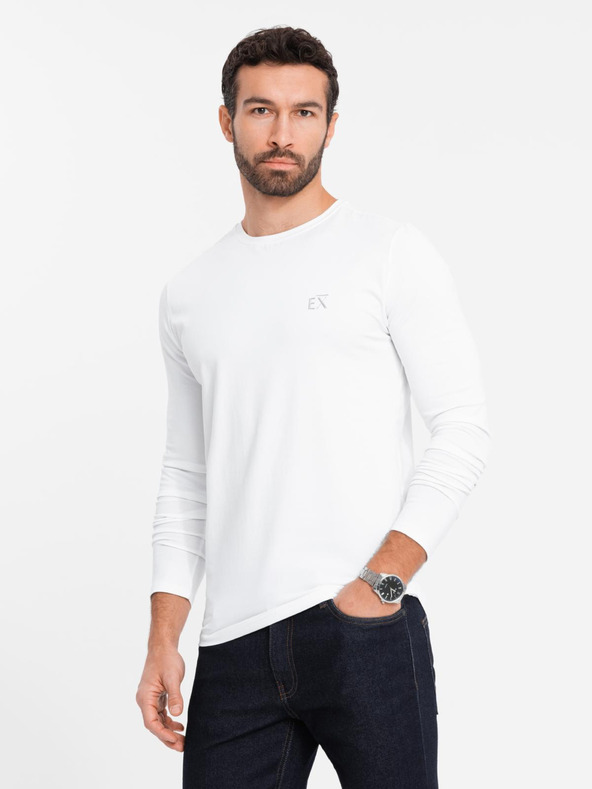 Ombre Clothing Pánske tričko SLIM FIT s dlhým rukávom, elastanom a potlačou biele Ombre Oblečenie