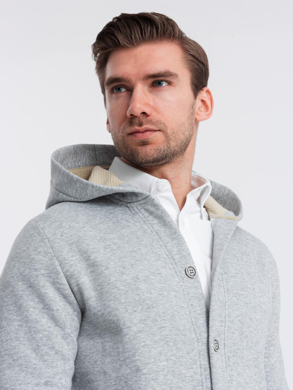 Ombre Clothing Pánska mikina s kapucňou na gombíky - sivá melanž V2 OM-SSZP-0186 Ombre Oblečenie
