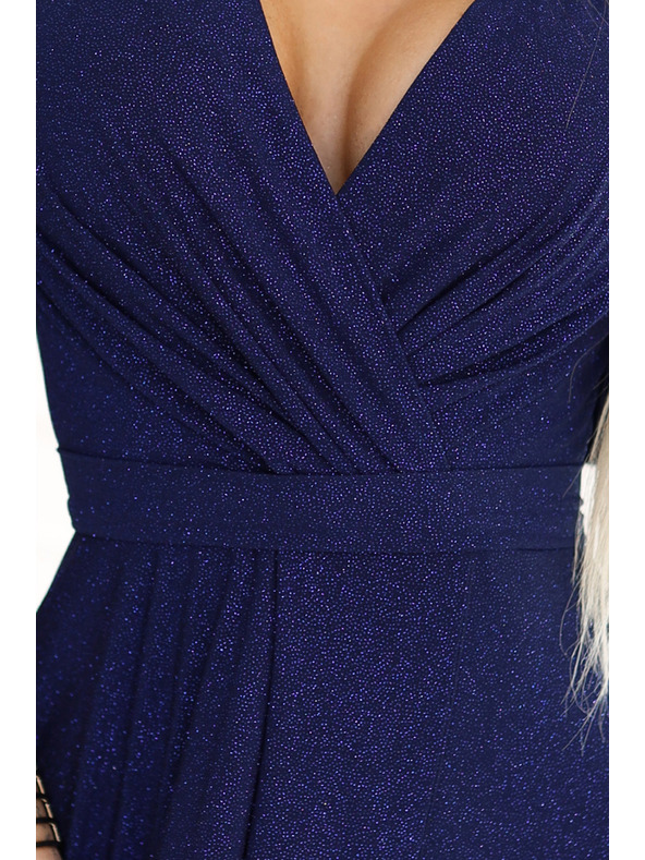 numoco Lesklé šaty s dlhým rukávom a výstrihom - tmavomodré s trblietkami Numoco