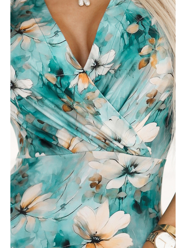 numoco Priliehavé šaty s ceruzkovým výstrihom - béžové kvety na tyrkysovom pozadí Numoco