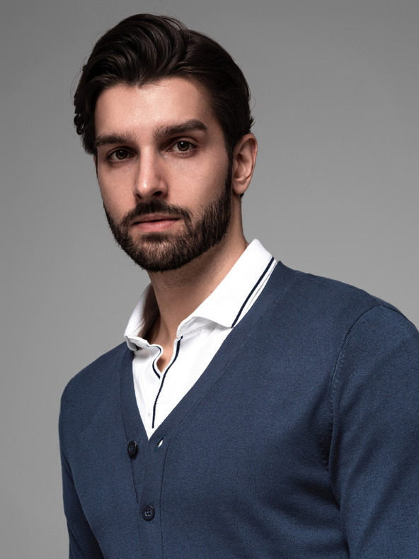 Ombre Clothing Pánsky pletený sveter so štruktúrovanými bodkami - tmavomodrý Oblečenie Ombre