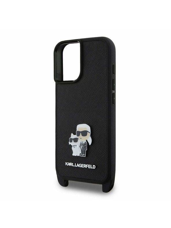 Karl Lagerfeld Karl Lagerfeld Saffiano Crossbody Popruh Kov Karl a Choupette Zadný kryt pre iPhone 16 Plus Čierny