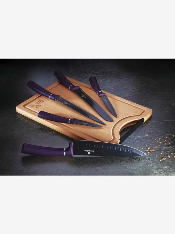 Berlingerhaus Sada piatich nožov s nepriľnavým povrchom + doska na krájanie BERLINGERHAUS Purple Metallic Line