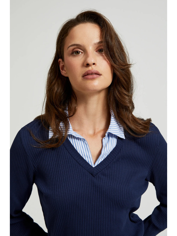 Moodo Tmavo modrý sveter s košeľovým golierom