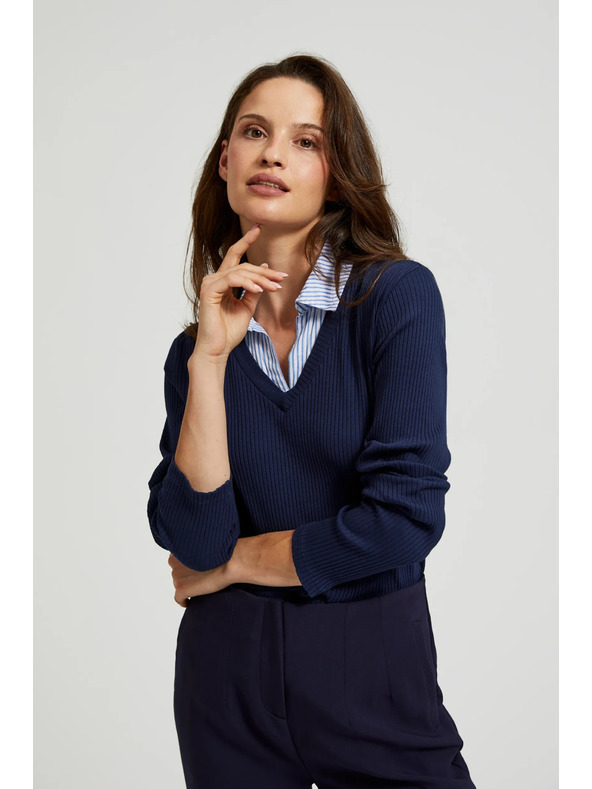 Moodo Tmavo modrý sveter s košeľovým golierom