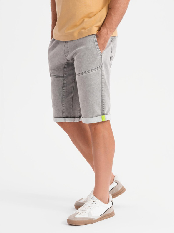 Ombre Clothing Pánske džínsové kraťasy so zdobným prešívaním - svetlo sivé