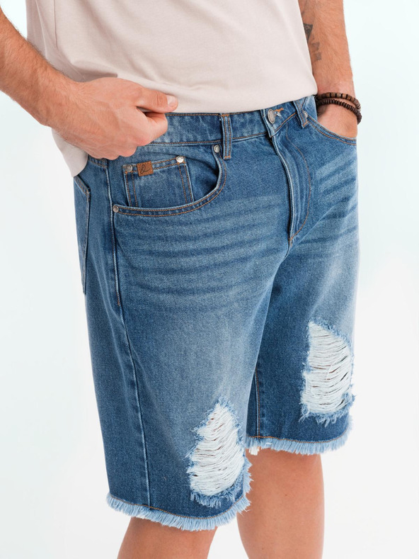 Ombre Clothing Pánske džínsové kraťasy s dierami a trhlinami - modré