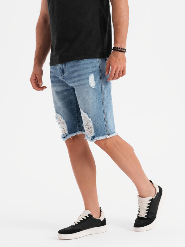 Ombre Clothing Pánske krátke džínsové šortky s dierami a trhlinami - svetlo modré
