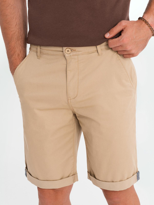 Ombre Clothing Pánske klasické chino šortky s ohrnutým lemom - béžové