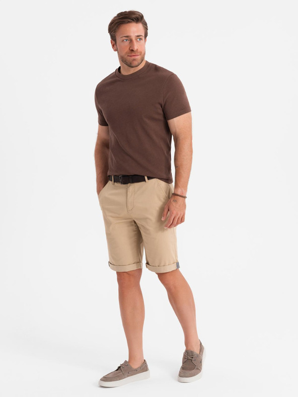 Ombre Clothing Pánske klasické chino šortky s ohrnutým lemom - béžové
