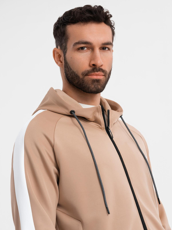 Ombre Clothing Pánska rozopínacia mikina s kapucňou a lemovaním - béžová