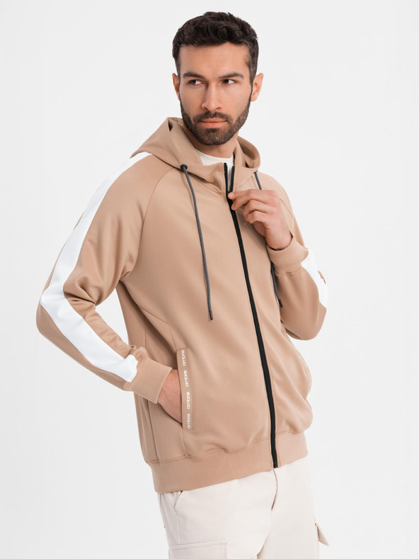 Ombre Clothing Pánska rozopínacia mikina s kapucňou a lemovaním - béžová