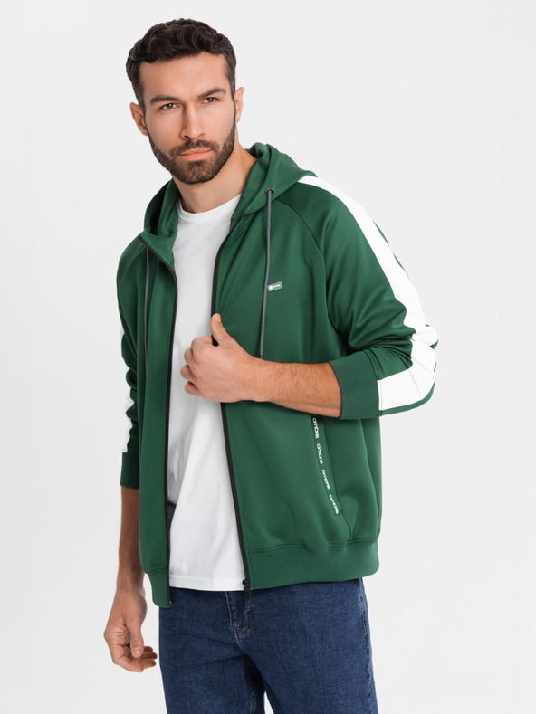 Ombre Clothing Pánska rozopínacia mikina s kapucňou a lemovaním - tmavo zelená
