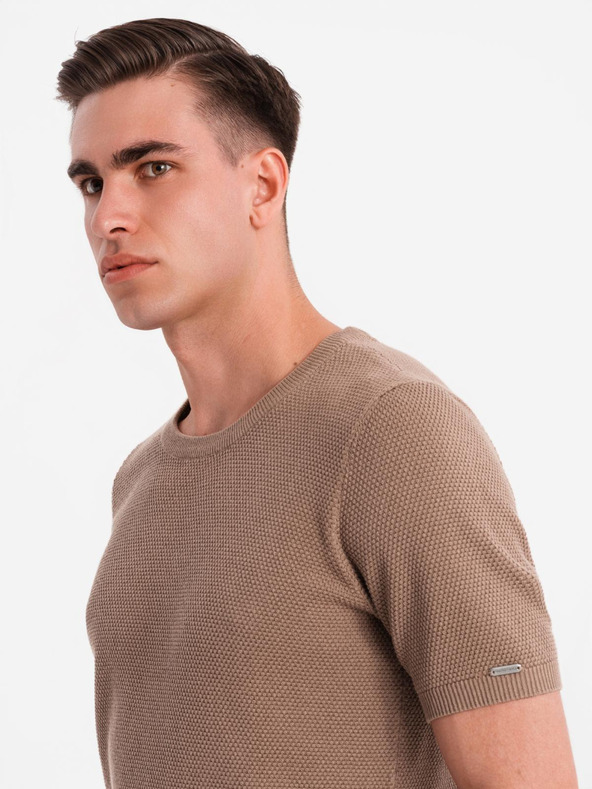 Ombre Clothing Pánska pletená košeľa s jemnou textúrou - svetlohnedá