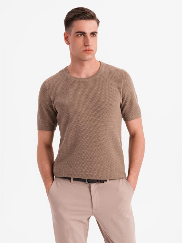 Ombre Clothing Pánska pletená košeľa s jemnou textúrou - svetlohnedá