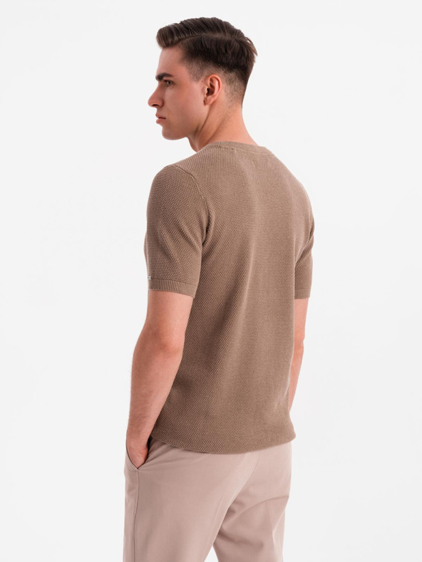 Ombre Clothing Pánska pletená košeľa s jemnou textúrou - svetlohnedá