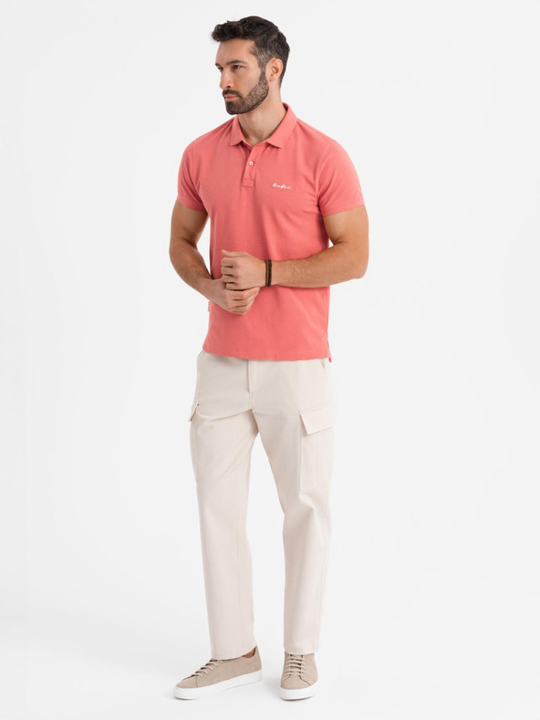 Ombre Clothing Bavlnená polokošeľa z piké úpletu - koralová