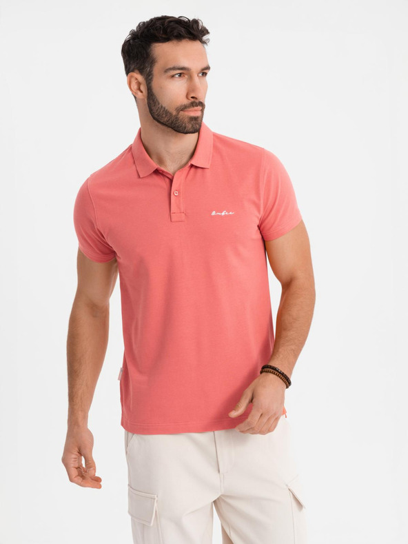 Ombre Clothing Bavlnená polokošeľa z piké úpletu - koralová