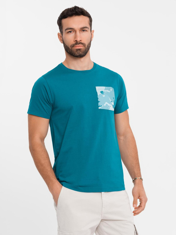 Ombre Clothing Pánske bavlnené tričko s potlačou vrecka - tyrkysové