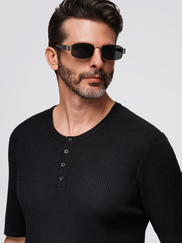 Ombre Clothing Pánske pletené tričko s gombíkmi pri výstrihu - čierne