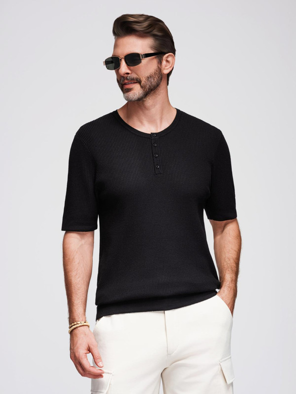 Ombre Clothing Pánske pletené tričko s gombíkmi pri výstrihu - čierne