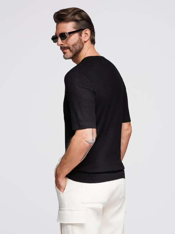 Ombre Clothing Pánske pletené tričko s gombíkmi pri výstrihu - čierne