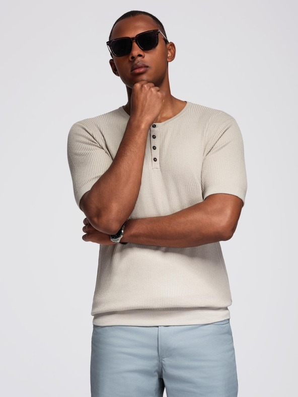 Ombre Clothing Pánske pletené tričko s gombíkmi pri výstrihu - svetlo sivé