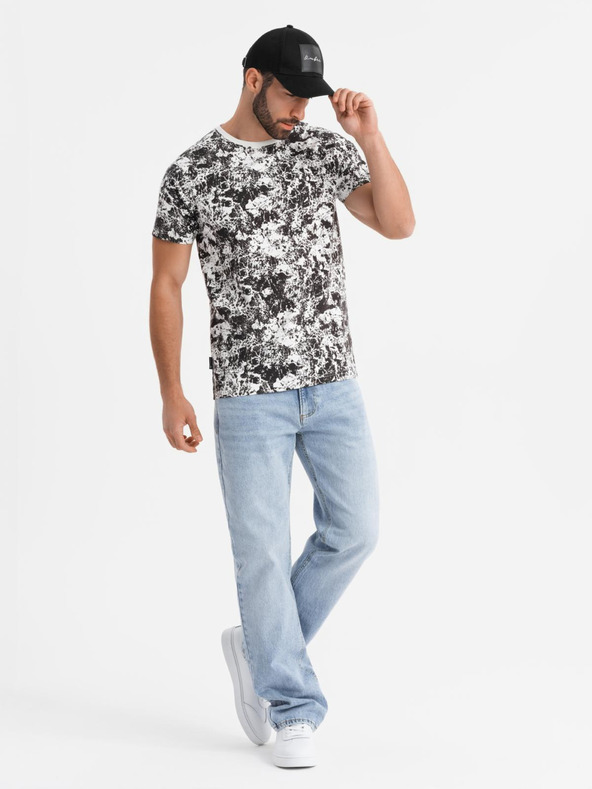 Ombre Clothing Pánske vzorované bavlnené tričko s krátkym rukávom - biele a čierne
